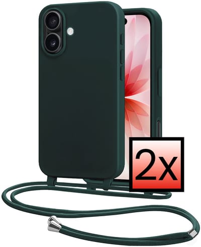 Hoes Geschikt voor iPhone 17 Met Telefoonkoord - Siliconen Hoesje Backcover Met Ketting - Donkergroen - 2 PACK