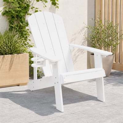 Adirondack tuinstoel met bekerhouder - witte HIPS kunststof houtlook loungestoel en terrasstoel voor tuin, veranda, balkon en patio, weerbestendig en onderhoudsarm, met brede armleuningen, relaxte zit en outdoor living, 73,5 x 91 x 90,5 cm