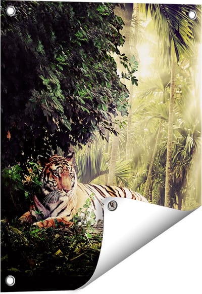 Gards Tuinposter Tijger in de Jungle met Zonneschijn - 40x50 cm - Tuindoek - Tuindecoratie - Wanddecoratie buiten - Tuinschilderij