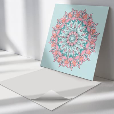 Wallfluent Vinyl Tegels - Mandalapatroon met Bladeren Zelfklevende Vinyltegels - 30 cm x 30 cm - Turkoois Vinyl Tegels - Set van 9 - Vierkant PVC Tegels - Patroon Plaktegels - Vloer Tegels PVC - Plaktegels Keuken en Badkamer