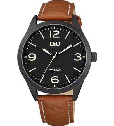 Q&Q Q77B-003PY - Horloge - Polshorloge - Analoog - Mannen - Vrouwen - Leren band - Rond - Metaal - Strepen - Cijfers - Bruin - Zwart - Crème/Beige