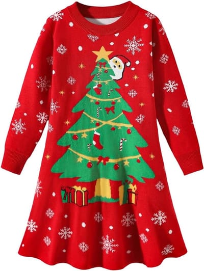 Lange Mouwen Gebreide Kerstjurk voor Meisjes met Schattige Xmas Print en Comfortabele Pasvorm