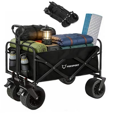 FOXSPORT Bolderkar opvouwbaar - Camping trolley - Wagen Draagbare - Outdoor aanhangwagen - Grote Capaciteit - Picknick en Bbq - Bolderwagen met Duwstang - Wagen Strandkar - handkar op wieltjes - Tot 100kg Draagvermogen - Zwart