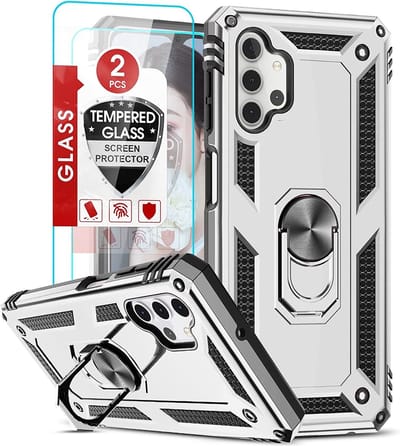 Hoesje Geschikt Voor Samsung Galaxy A32 5G Hoesje Anti-Shock Hybrid Armor hoesje Zliver - Hoesje Geschikt Voor Samsung Galaxy A32 hoesje kickstand Ring houder TPU backcover hoesje - met screenprotector Galaxy A32 5G - 2 pack