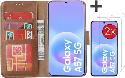 Hoesje met 2 Stuks Screenprotectors Geschikt voor Samsung Galaxy A57 – Arara bookcase met pasjeshouder - Bruin