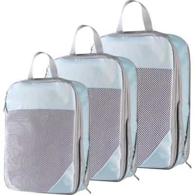 Ensemble Organisateur de Voyage 3 Pièces Sac de Rangement Grande Capacité Sac en Maille Compressible Sous-vêtements Valise Bagage Cubes d'Emballage Fermeture Éclair bleu