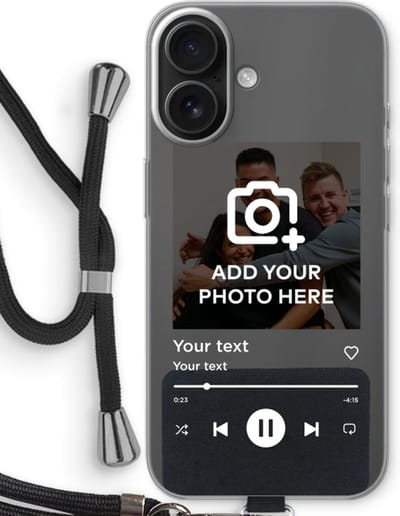 Gepersonaliseerd - Case Company® - Hoesje met koord geschikt voor iPhone 16 hoesje met Koord - Music Player - Telefoonhoesje met Zwart Koord - Bescherming aan alle Kanten en Over de Schermrand