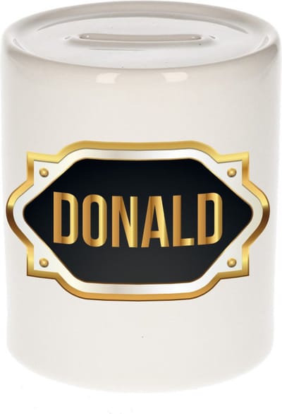 Spaarpot met voornaam Donald - wit - met goud/zwart embleem - 8 x 9 cm - keramiek - met afsluitdop - cadeau verjaardag