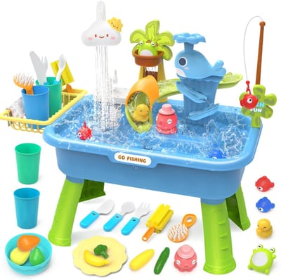 Watertafel Voor Peuters Van 4-13 Jaar, Watertafel Met Pomp, Speelgoedkeukenset Voor Kinderen Van 4-8 Jaar, Speelgootsteen Met Stromend Water En Elektrische Kraan, Inclusief Speelgroenten, Servies En Visspel (blauw)
