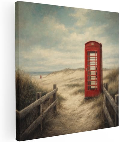 Artaza Canvas Schilderij Rode Telefooncel - Duinlandschap - 40x40 cm - Wanddecoratie Woonkamer - Schilderijen - Muurdecoratie
