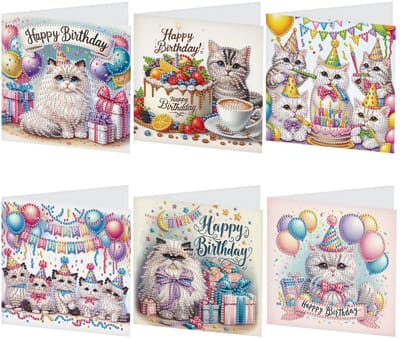 Diamond Painting Kaarten - Verjaardag - Dieren - Poezen - Katten - Feest - Taart - Bal