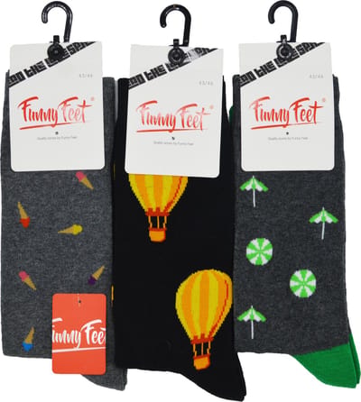 Funny Feet sokken - happy voyage socks - 3 paar - heren maat 39/42 - assortiment zwart & grijs - naadloos aan de teen - hoogwaardige katoen
