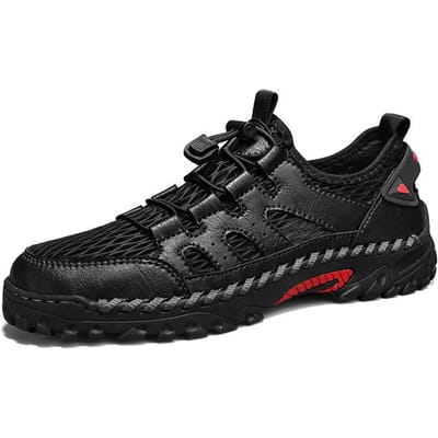 Herenschoenen Nieuwe Zomer Echt Leer Ademend Mesh Oppervlak Schoenen Lichtgewicht Zachte Zool Uitgehold Groot Mesh Modieuze Sportschoenen 46 black
