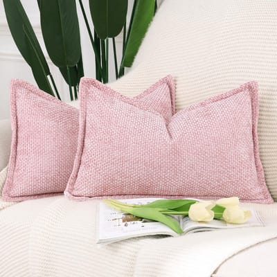 Unyqoos ® Set van 2 Luxe Chenille en Fluweel Kussenhoezen met Stijlvolle Rand in Roze, 30 x 50 cm