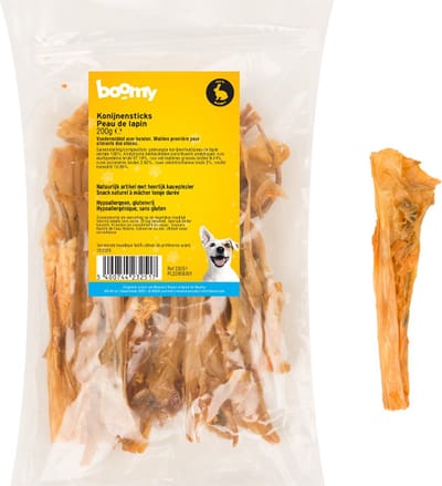 Boomy - Konijnsticks - Konijnenhuid van 15cm- Gezonde hondensnacks - Gedroogde kauwsnacks - Kauwstaaf hond - 2 x 200g