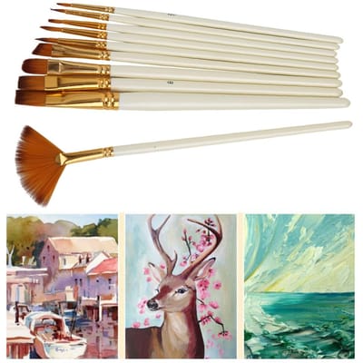 10 stuks verfkwasten van nylon met houten steel in waaiervorm voor aquarelverf en andere kunstbenodigdheden. beige