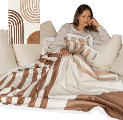 Plaid - Deken met flexibele Voetenzak - Fleece - Sherpa - Bruin - Crème - Print - 180 x 130 cm