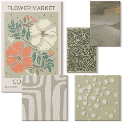 Wallfluent Set van canvas schilderijen - Plantenmotieven en abstracte patronen in de boho-stijl Canvas Schilderijen Set - Set van 5 Canvas Schilderijen - Groente Set van Canvas Prints - Natuur Canvas Kunst Set - Boheemse Canvas Kunst Set