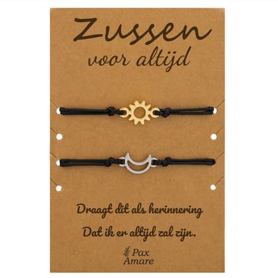Vriendschapsarmbandjes voor 2 "Zussen voor altijd" - Zon & Maan - Sisters Armbandjes met Cadeau Kaartje - Zilverkleurig & Goudkleurig - Elastisch Verstelbaar - Pax Amare
