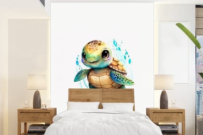 Behang - Fotobehang Schildpad - Waterverf - Kleuren - Dieren - Meisjes - Jongens - Breedte 165 cm x hoogte 220 cm