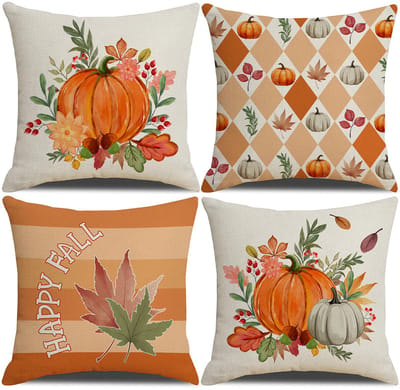 Halloween - Halloween Decoratie - Kussenslopen - Herfst Kussenhoezen - Decoratieve Kussenhoezen - met Esdoornblad en Pompoenprint - in Polyester Linnen - Herfst Woondecoratie Vierkante Kussenslopen - voor Slaapbank Woonkamer - 45x45 cm - 4 stuks
