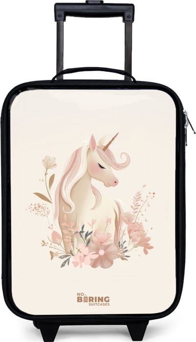 NoBoringSuitcases.com® - Kinderkoffer jongen - Kindertrolley meisje - Eenhoorn tussen bloemen in roze pastel kleuren - Koffer kind lichtgewicht - Reiskoffer trolley voor kinderen - Koffertje met lichtgevende wieltjes - Rolkoffer zwart