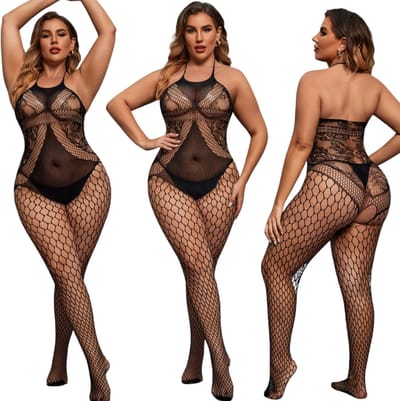Elana Sarielle Bodystocking – Plussize L-3XL – Rekbaar Net – Sexy & Comfortabel - Erotische Lingerie - Catsuit - Zwart