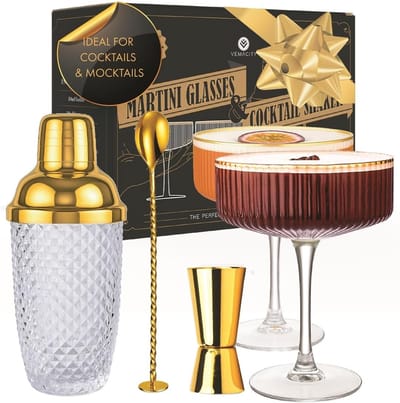 Luxe gouden cocktailshakerset met glazen en baraccessoires – perfect voor thuisbars en als cadeau