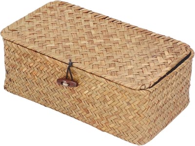 Woven Opbergmand van Zeegras met Deksel voor Haaraccessoires en Sieraden, Maat M, 27x17x10 cm