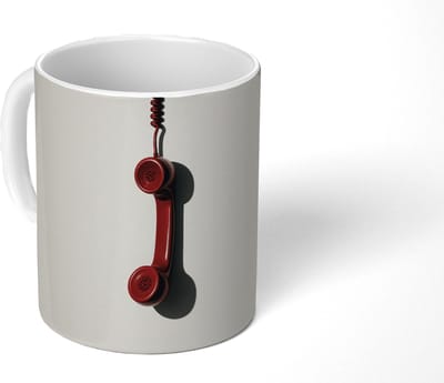 Mok - Koffiemok - Telefoon - Koord - Rood - Minimalistisch - Mokken - 350 ML - Beker - Koffiemokken - Theemok