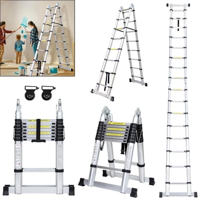 Telescopische Ladder - Uittrekbare Ladder - Huishoudelijk Onderhoud - Met Wielen - 5 meter - Aluminium