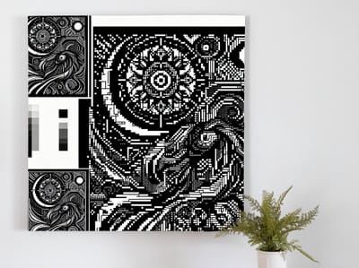 Pixel art zwart wit schilderij | Monochroom meesterwerk: een pixelig zwart-witte ode aan kunst | Kunst - 60x60 centimeter op Canvas | Foto op Canvas