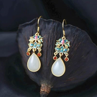 Natuurlijke Hetian witte jade kleurrijk emaille porselein druppelvormige oorbellen Chinese retro lichte luxe charme dames sieraden black
