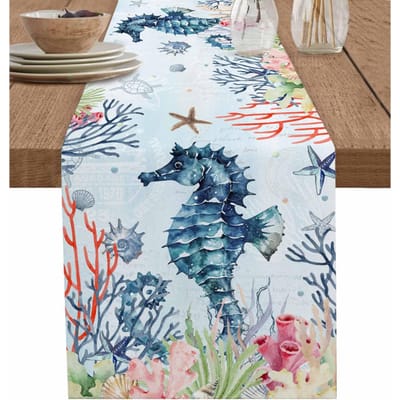 Zomer Koraal Schelp Zeepaardjes Linnen Tafelkleed Ladekast Sjaals Boerderij Nautisch Kust Zeester Tafelkleed Feestdecoratie 150x33cm