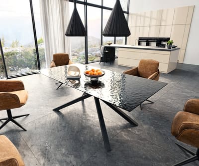 Eetkamertafel Edge Glas smelten rokerig zwart 3D-Relief 200x100 kruisframe rechthoek zwart
