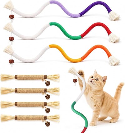 Kattenspeelgoed Set - Kattenkruid Stokjes - Tandverzorging Katten - Natuurlijk Katoentouw - 3+4 Stuks - Multicolor