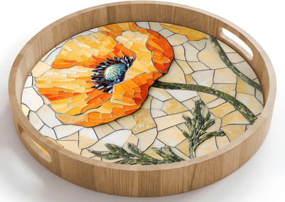 Dienblad rond 40x40 cm - Schootdienblad hout - Klaprozen - Oranje - Mozaïek - Bladeren - Borrelplank rechthoek - Plateau houten dienbladen