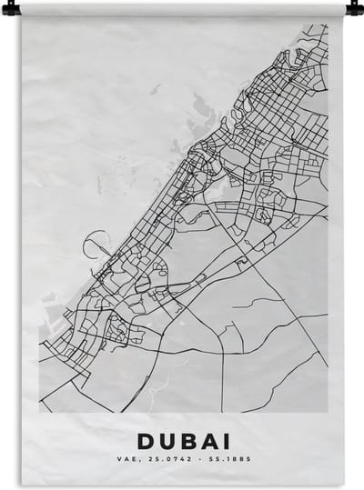 Wandkleed - Wanddoek - Dubai - Stadskaart - Plattegrond - Zwart Wit - Kaart - 120x180 cm - Wandtapijt