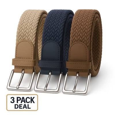 3 pack deal - Elastische riem - gevlochten broekriem - dames en heren riemen - Kleur 1 Beige 2 Blauw 3 Bruin 105 cm