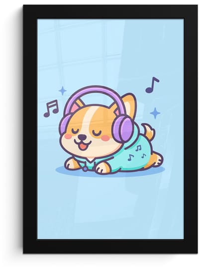 Poster in lijst - Fotolijst 20x30 cm - Posters - Corgi - Koptelefoon - Blauw - Muzieknoten - Posterlijst zwart - Decoratie - Wanddecoratie woonkamer - Muurdecoratie slaapkamer