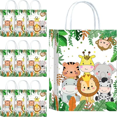 Jungle Safari Feesttassen - Set van 10 Papieren Tasjes met Handvat voor Verjaardagsfeestjes, Dieren Thema en Gastengeschenken