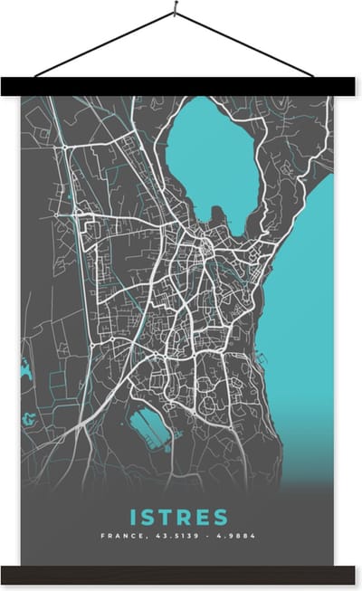 Posterhanger incl. Poster 40x60 cm - Schoolplaat - Istres - Kaart - Plattegrond - Stadskaart - Frankrijk - Textielposter - Zwarte latten - Stadskaart