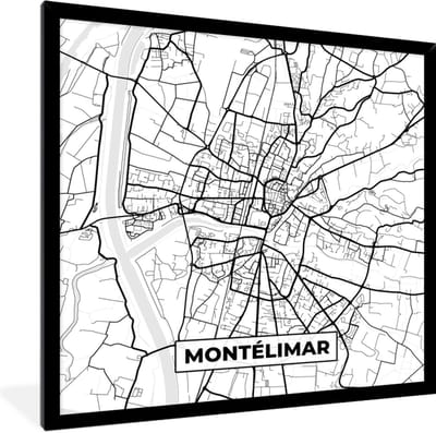 Fotolijst incl. Poster Zwart Wit- Montélimar - Frankrijk - Plattegrond - Stadskaart - Kaart - Zwart wit - 40x40 cm - Posterlijst