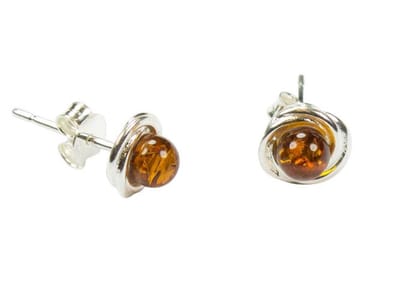 Zilveren knop oorbellen Barnsteen / Amber 925 zilver