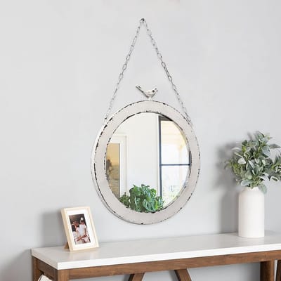 Grote Ronde Wandspiegel 48cm - Rustiek Wit met IJzeren Ketting - Landelijke Decoratie