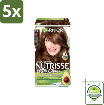 5 x Garnier - Nutrisse Ultra Crème 5.3 - Haarkleuring - Licht Goudbruin - Intens Voedend - Permanente Kleur - Grootverpakking - Haarverf - Permanente Haarkleur - Licht Goudbruin - Grijsdekking - Voedende Haarkleuring