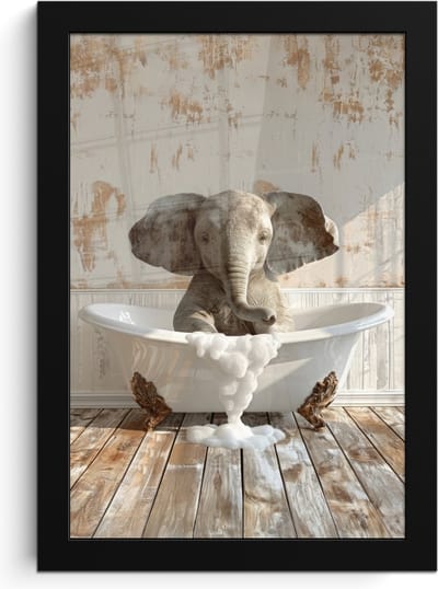 Poster in lijst - Fotolijst 20x30 cm - Posters - Vintage - Olifant - Badkuip - Schuim - Wilde dieren - Posterlijst zwart - Wanddecoratie badkamer - Muurdecoratie WC - Decoratieve accessoires - Toilet muur decoratie