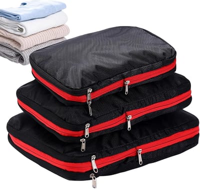 Reiskubussen met compressie - Opbergzakken - Kleding organiseren - Verstelbare dubbele rits - 3 stuks - Zwart
