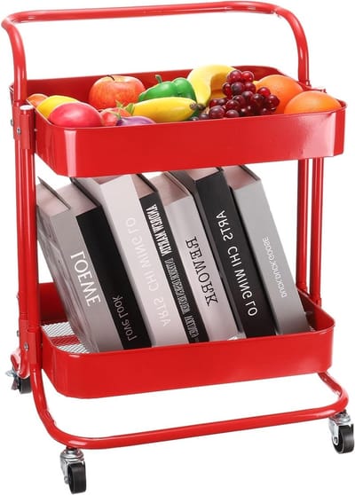 2 Tier Trolley met Handvat en Vergrendelbare Wielen - Keuken Organizer voor Woonkamer en Slaapkamer in Rood