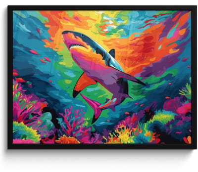 Poster in lijst - Fotolijst 80x60 cm - Posters - Haai - Koraalrif - Abstract - Kleurrijk - Posterlijst zwart - Decoratie - Wanddecoratie woonkamer - Muurdecoratie slaapkamer